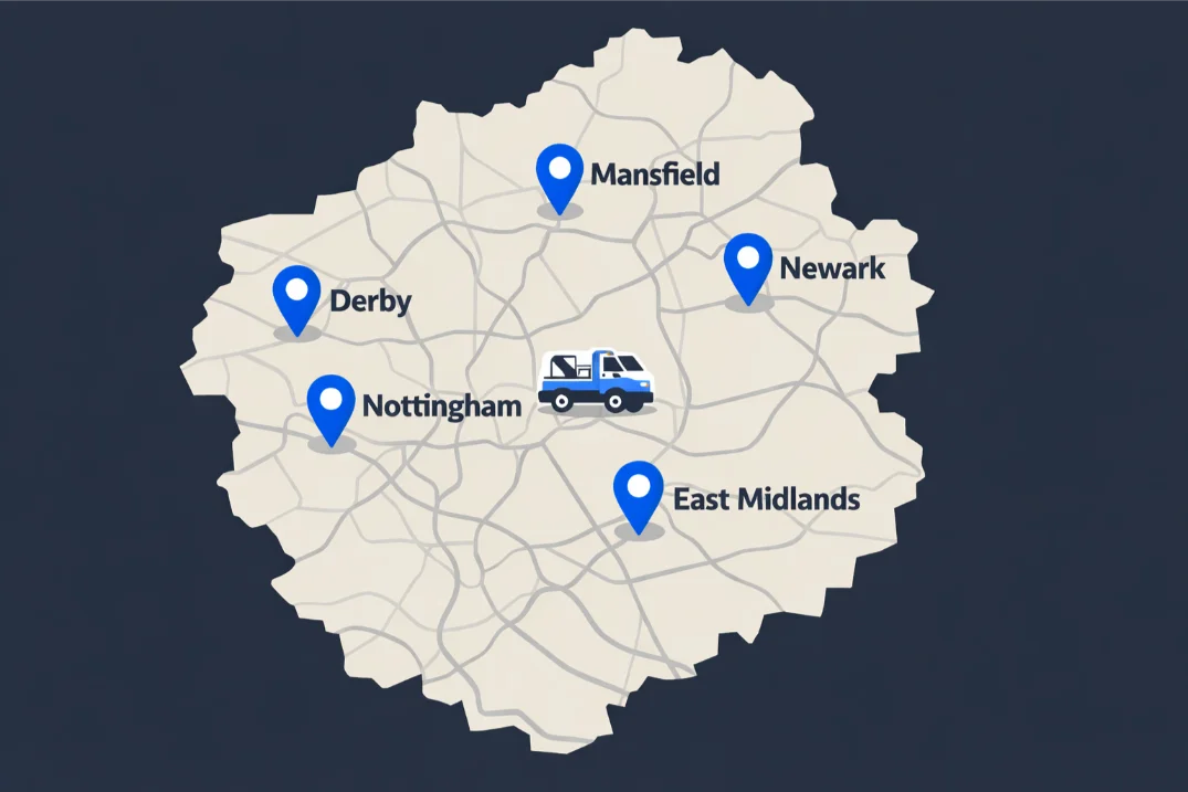 areas covered map illustration - nottingham, derby, mansfield, newark, east midlands