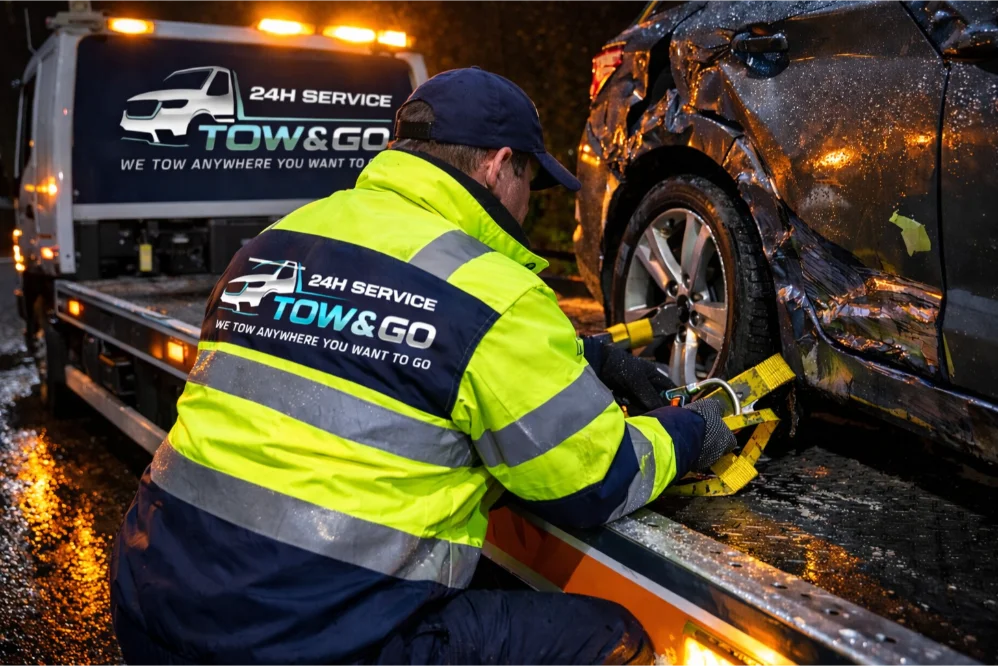 tow and go emergency vehicle recovery flatbed securing