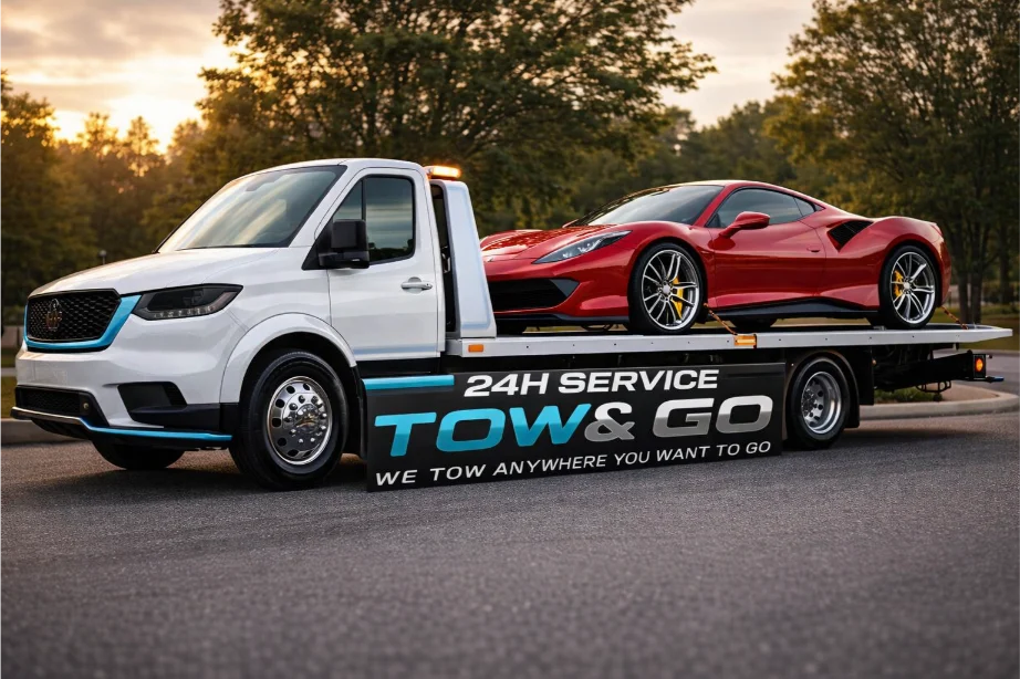 Tow truck lifting sleek sports car at sunset