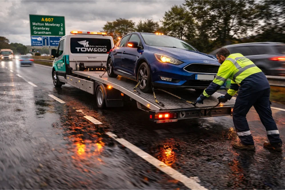 A607 Emergnecy Towing Ford Focus on rainy daily