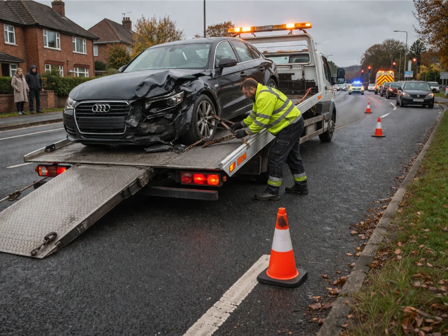 Accident Recovery of Audi and flatbed towing newark