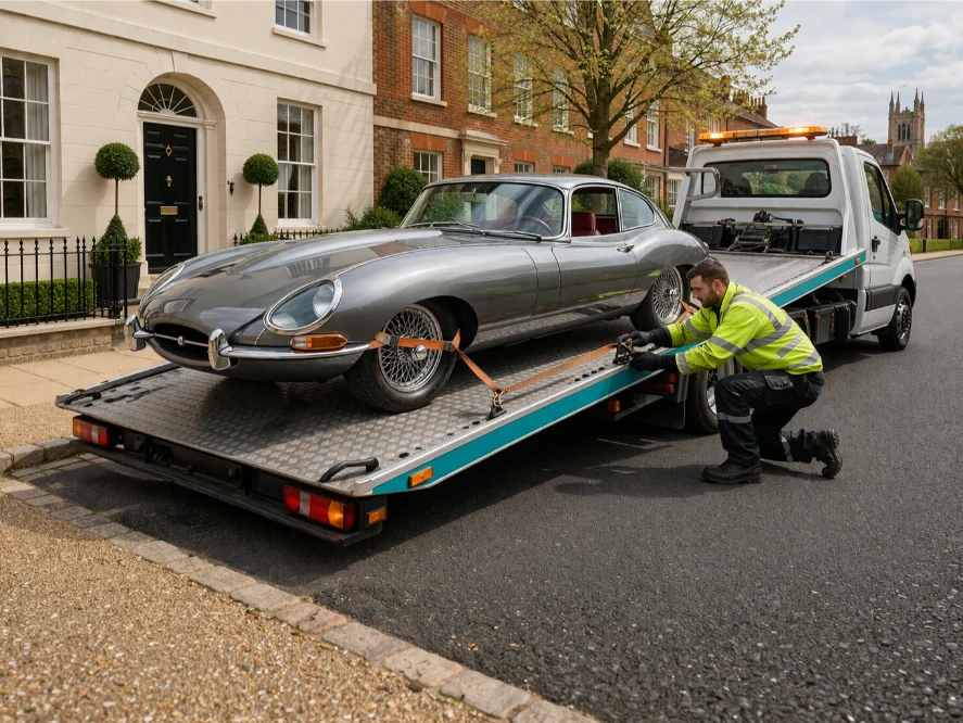 Classic Jaguar E-type flatbed car recovery in Newark