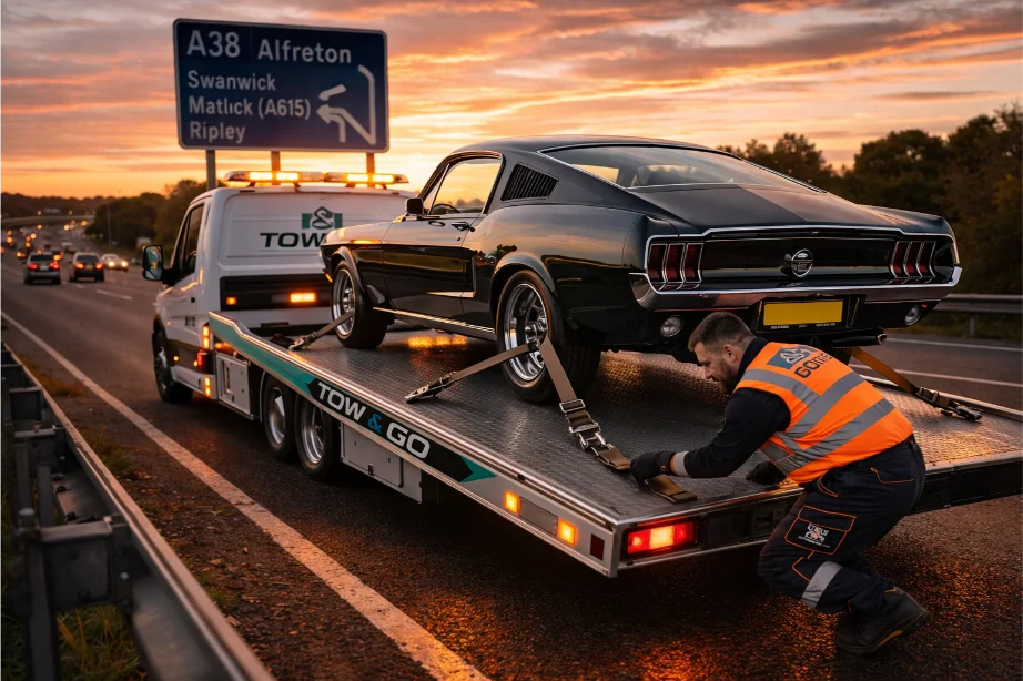 Classic Mustang flatbed towing on A38 highway alfreton