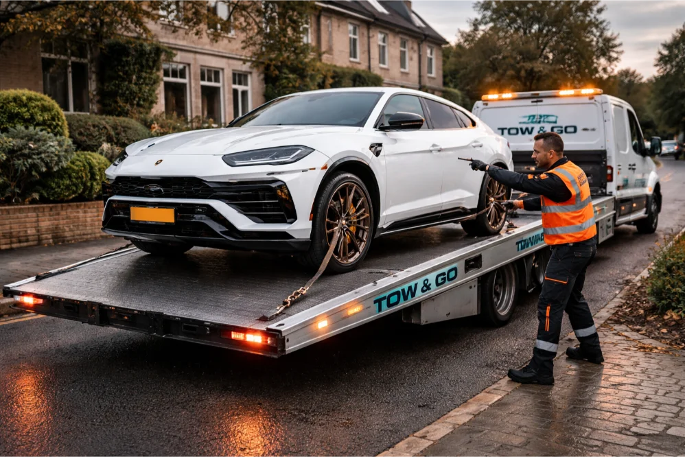 luxury car recovery lamborghini urus flatbed towing