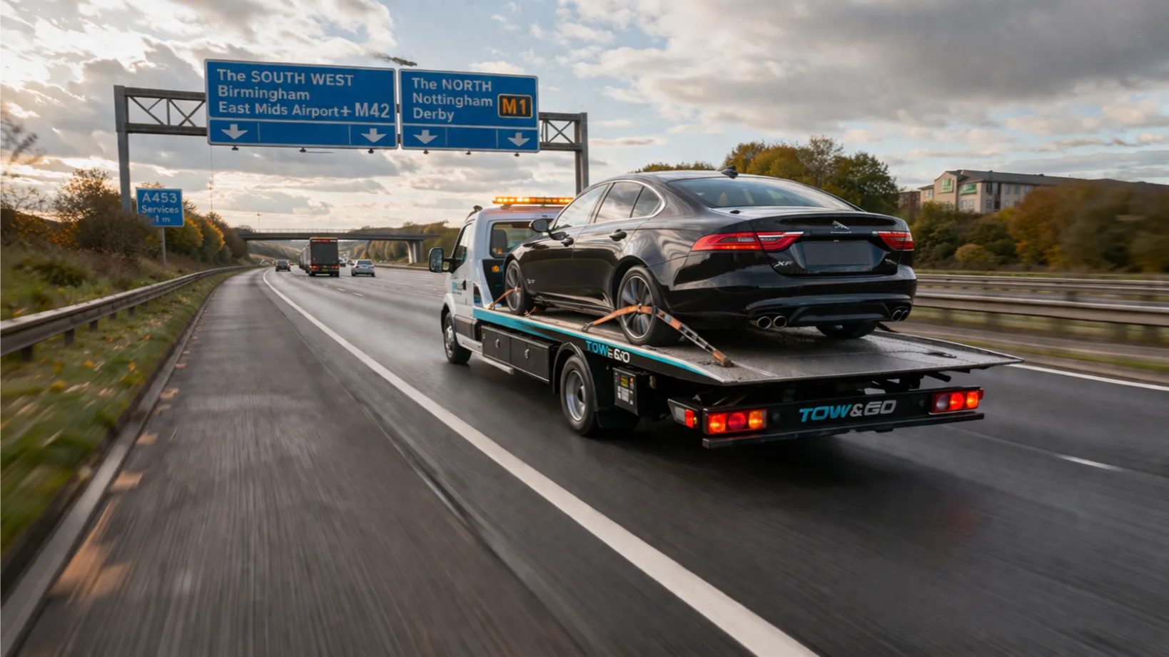 M1 Motorway Flatbed towing jaguar XF Castle Donington
