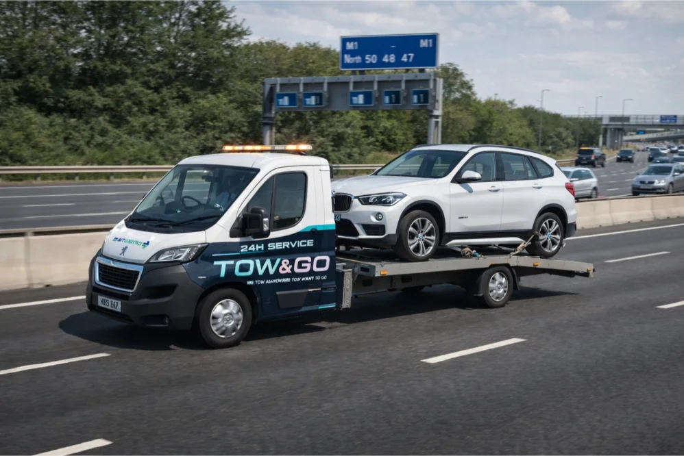 M1 motorway vehicle transport and flatbed towing