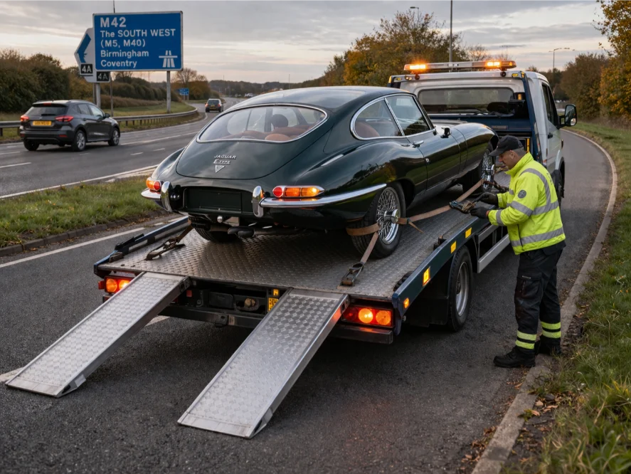 M42 motorway Classic Jaguar E-type car recovery