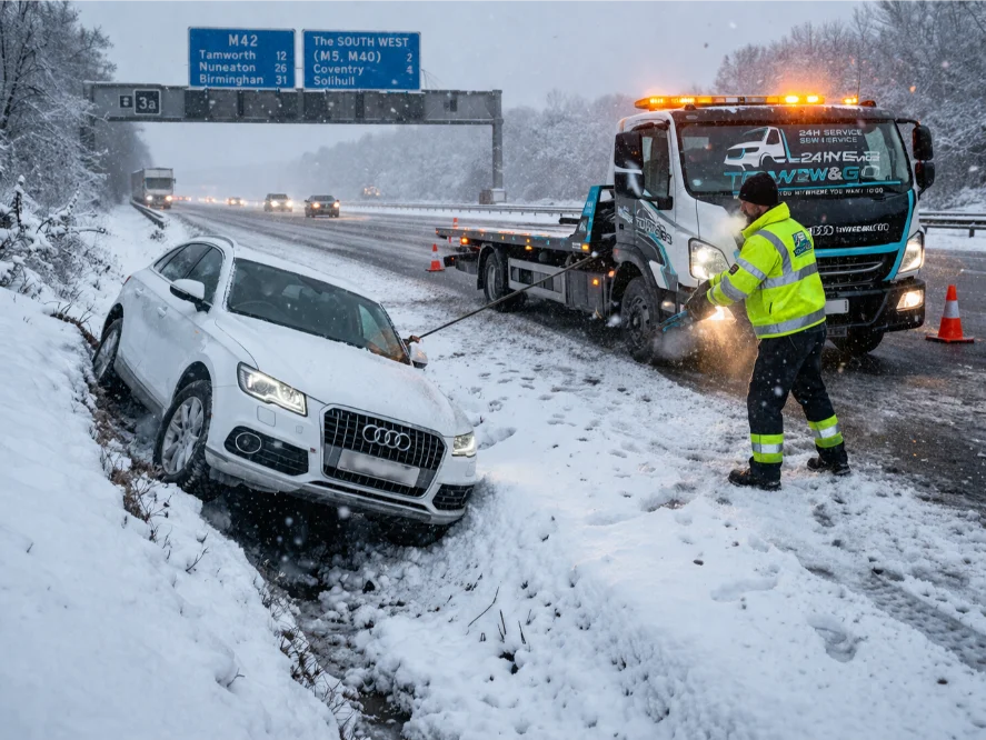 M42 Motorway Recovery ditch rescue from snow
