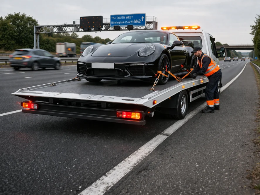 M42 motorway luxury porche 911 car recovery and flatbed towing