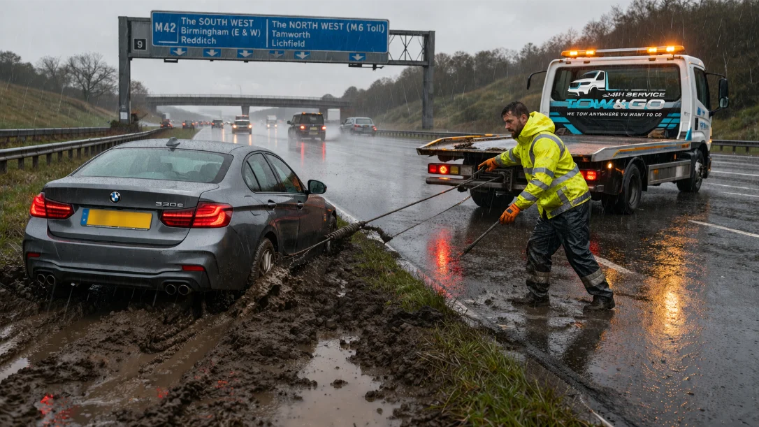M42 Winch Recovery BMW in muddy rain