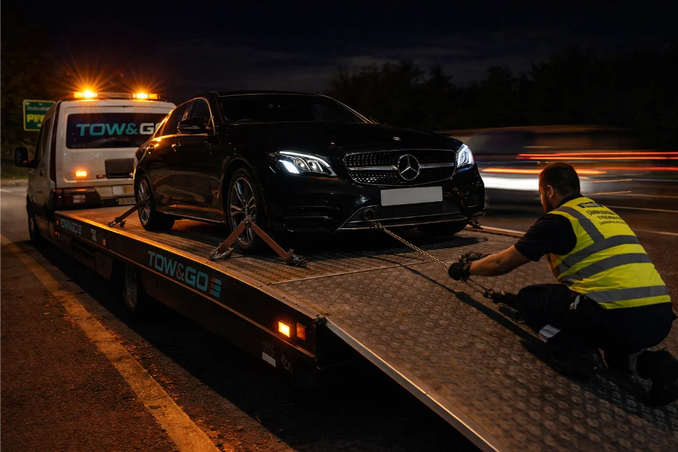 Mercedes E-class night emergency towing A52 road Uk
