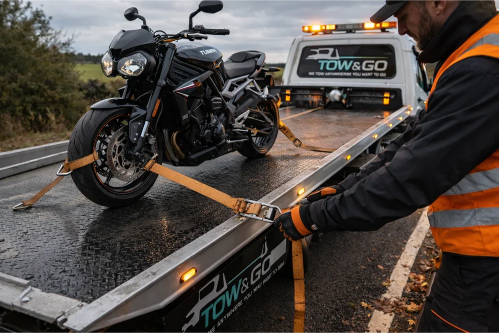 Motorbike towing Triumph Flatbed closeup