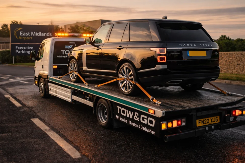Range Rover Transport East Midlands Airport flatbed towing