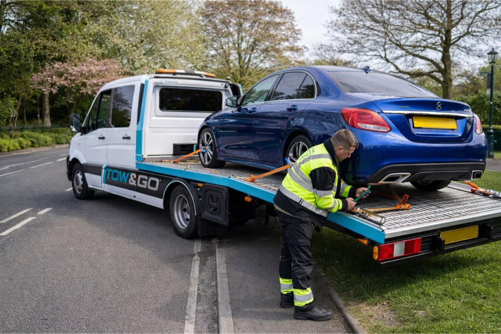 blue car flatbed towing and transporation in beeston
