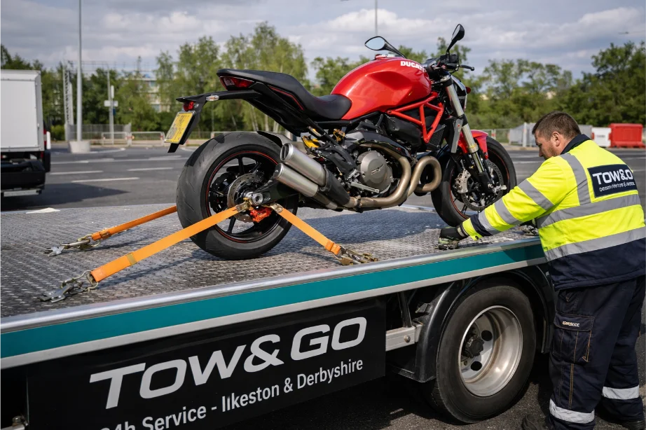 ducati monster motorbike flatbed towing derby