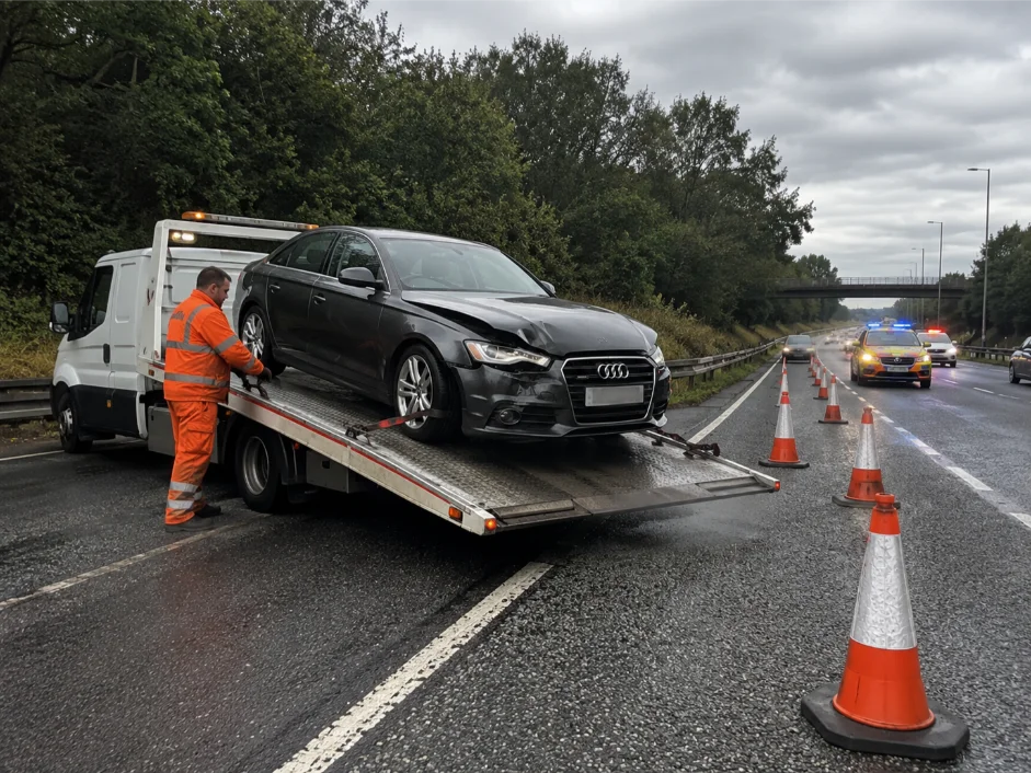 Audi A6 Collision recovery and transport via A60 Major Road in United Kingdom