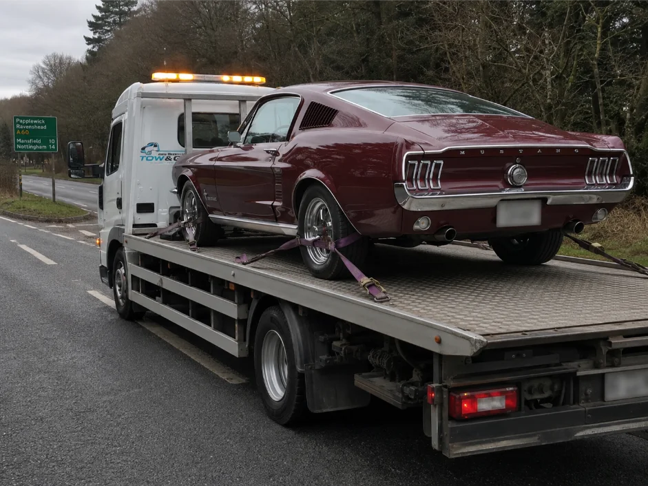 Ford Mustang classic car towing on A60
