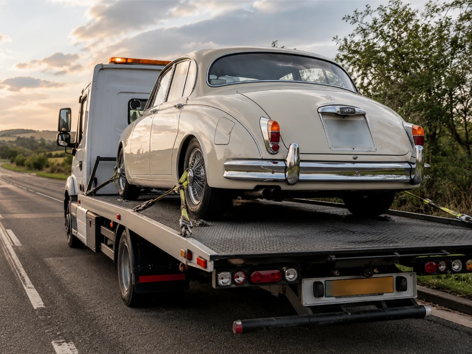 Jaguar MK2 Classic Car towing and recovery on A453 Road Barton in Fabis