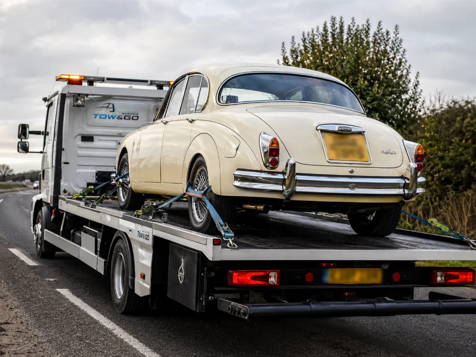 Off-white Jaguar MK2 Classic Vehicle Towing on A606 Cottesmore Rutland