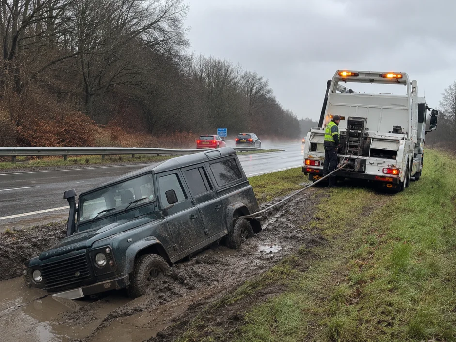 Land Rover Defender Winch Recovery and ditch rescue service near A60 in Nottinghamshire