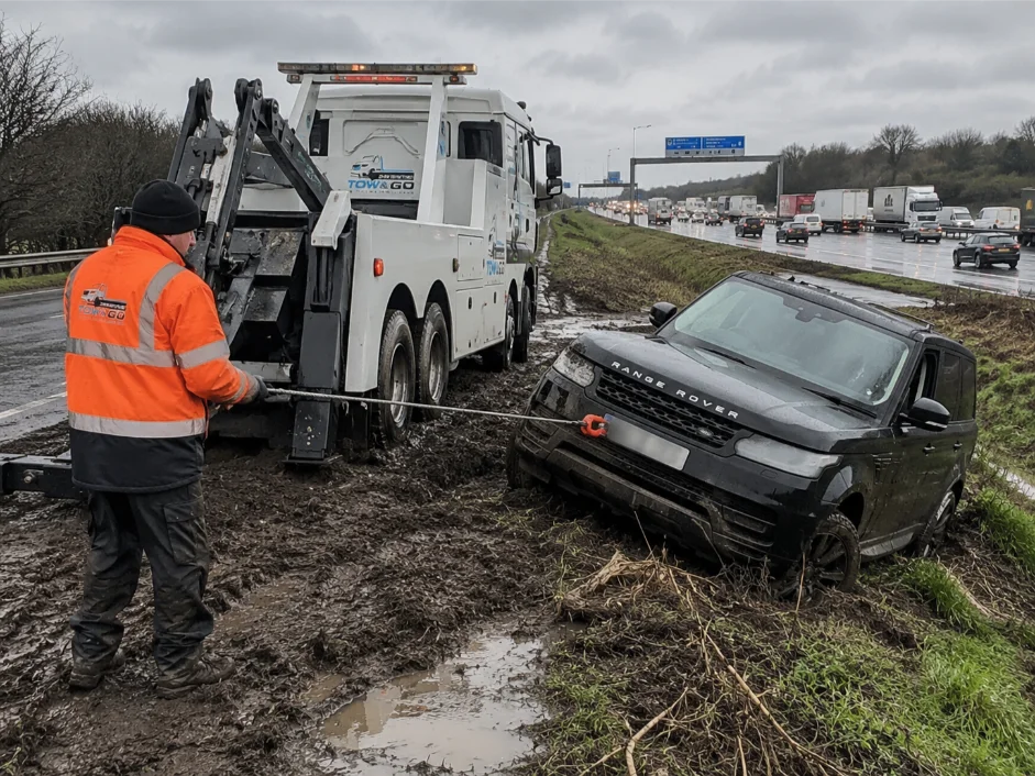 Range Rover sports car Winch Recovery near M69 Motorway