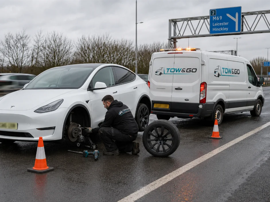 Tesla Model Y Tyre fitting Roadside Assistance M69 Motorway